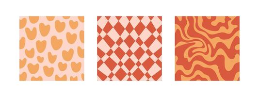 Groovy background set. Distorted lines, waves, trippy grid, swirl print 1970s Hippie aesthetic. Twisted background. Retro psychedelic style vector
