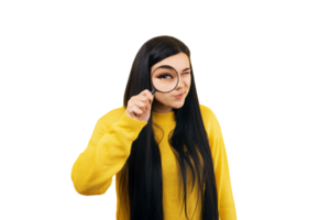 Beautiful woman looking through a magnifying glass, searching concept, isolated on transparent background png