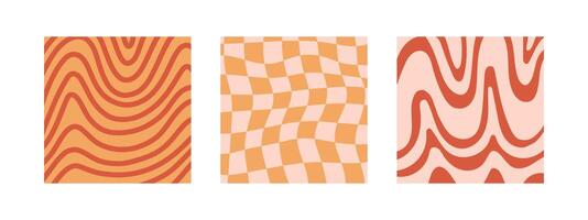 Groovy distorted background set. Lines, waves, trippy grid, swirl print 1970s Hippie aesthetic. Twisted background. Retro psychedelic style vector