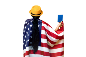 girl stands with her back and holds the American flag isolated on transparent background, girl in fashionable hat with USA flag, woman holding passport in hand, Immigration and emigration concept png