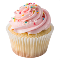 cupcake topped with pink swirled frosting and rainbow sprinkles, centered The cupcake liner is white with subtle ridges png