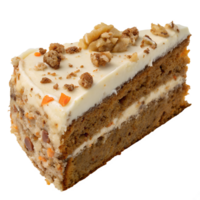 image of a carrot cake slice topped with cream cheese frosting and crushed pecans, png