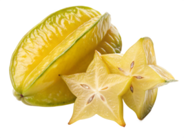 A yellow star fruit with a waxy, glossy skin and a unique star-shaped cross-section. png