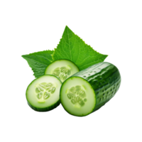 Fresh green cucumber with slices and leaf on transparent background png