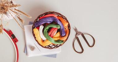 Basket with colored floss and canvas for embroidery on a gray top view web banner photo