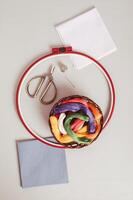 Basket with colored floss and canvas for embroidery on a gray top and vertical view photo