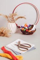 Canvas, embroidery floss, scissors, needle, thimble and cross stitch hoop on table vertical view photo