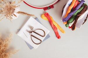 Canvas, embroidery floss, scissors, needle, thimble and cross stitch hoop on table top view photo