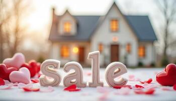 Sale word and red hearts on the background of the house photo