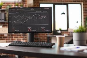 Computer screen displaying company analytics and financial data sits on modern desk in vacant brick wall office. Indoor plant and file folders placed on table, add professional touch. photo