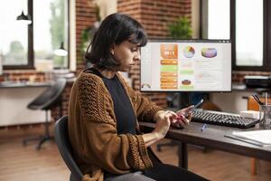 Young businesswoman sits at office desk, holding mobile device and planning strategy ideas. Female analyst using smartphone as computer screen behind her displays slides on company research. photo