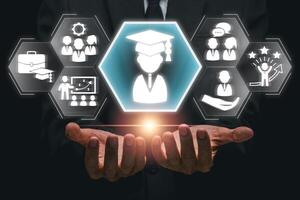 Digital illustration of trainee concept with icons symbolizing education, career development, and innovation in a business setting. photo