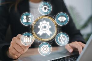 Visual representation of best practice concepts with business icons and technology interface for strategic planning. photo