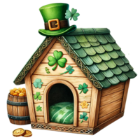 A whimsical Irish-themed dog house adorned with clovers. png