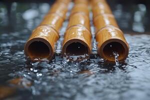 Water pouring from bamboo fountain creating tranquil atmosphere photo