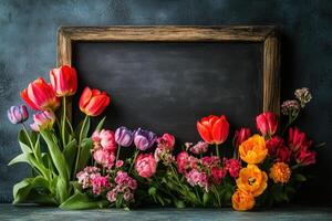 Colorful spring flowers framing empty chalkboard on dark background photo