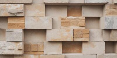 Textured stone wall with rectangular blocks in various shades of beige and brown featuring Copy Space for design purposes. photo