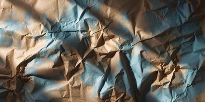 Distressed crumpled paper texture with brown and blue hues creating a vintage backdrop with intricate lighting and shadows on a flat surface. photo
