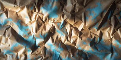 Distressed crumpled paper texture with brown and blue hues creating a vintage backdrop with intricate lighting and shadows on a flat surface photo