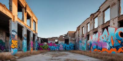 Old Abandoned Building with Shattered Windows and Colorful Graffiti on the Walls. photo