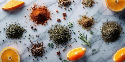 Spices and herbs arranged on a marble surface with orange slices and copy space for text photo