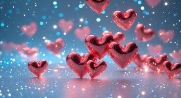 Red Shiny Shimmer Hearts on Blue Sparkling Background for Valentine's Day. photo