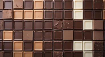 Symmetrical grid of dark and milk chocolate square tiles in various shades of brown and beige creating abstract background mocha mousse photo