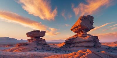A Majestic Sunset Illuminates Precariously Balanced Rock Formations in a Dramatic Landscape. photo