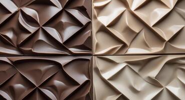 Symmetrical grid of dark and milk chocolate square tiles in various shades of brown and beige creating abstract background mocha mousse. photo