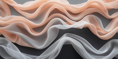 Abstract digital art with flowing translucent fabric waves in shades of peach and gray on black background. photo