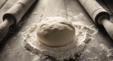 Dough ball on wooden board with flour and rolling pins. photo