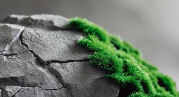 Close Up of Stone with Chisel Marks and Moss. photo