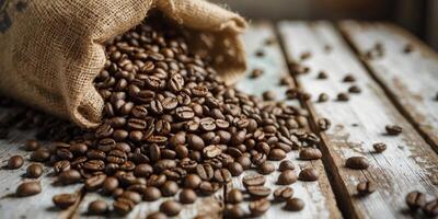 Coffee beans spilling from burlap sack on rustic table photo