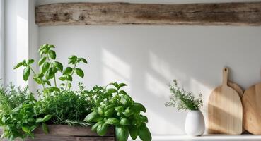 Bright and inviting kitchen with fresh herbs and greenery. photo