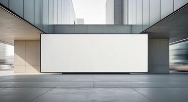 Dynamic blank billboard display on modern building exterior in urban setting captured from ground level photo