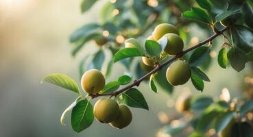 Lush green branch with unripe fruits in natural sunlight. photo