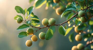 Lush green branch with unripe fruits in natural sunlight photo