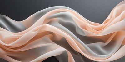 Abstract digital art with flowing translucent fabric waves in shades of peach and gray on black background photo