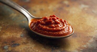 Close Up of Red Sauce in a Spoon on a Rustic Background photo