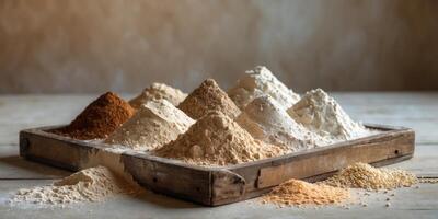 Variety of flours displayed on a wooden tray in a rustic setting. photo