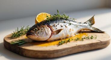 Whole Roasted Fish with Charred Herbs and Lemon on a Wooden Serving Board photo