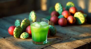 Refreshing Prickly Pear Juice with Ice Cubes in Glass Surrounded by Fresh Prickly Pear Fruits on Rustic Wooden Table for Health and Summer Vibes. photo