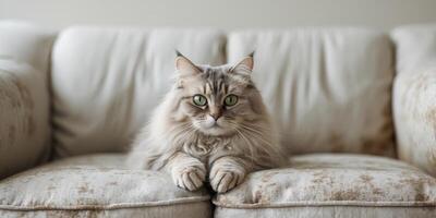 Fluffy domestic cat with green eyes claws at textured couch with neutral background and copy space for text photo