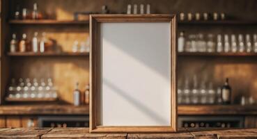 Blank Frame Mockup in Rustic Bar Setting. photo
