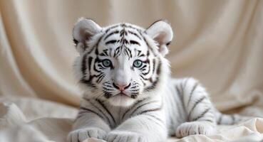 a white tiger cub sits on a neutral background photo