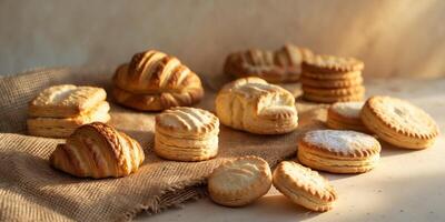 Rustic Biscuits and Pastries Presented on Burlap in Warm Lighting photo