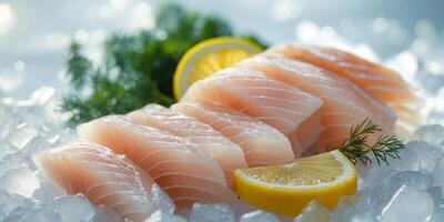 Freshly sliced raw fish fillets on ice with lemon and green herbs in the background Copy Space. photo