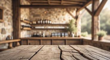 Cozy and warm countryside bar background setting with a sturdy wooden table board in the foreground ready for product display mockups and presentations. photo