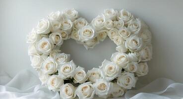 A Large bouquet of white roses in heart shape with soft white empty space around. photo