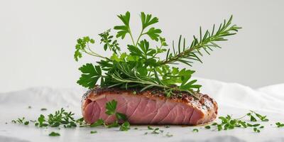 A close up of a piece of meat with a bunch of green herbs on top. photo